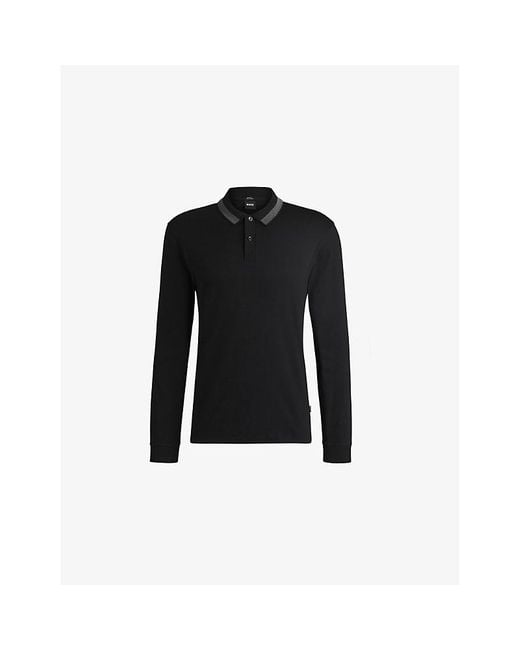 Boss Black Striped-Trim Long-Sleeved Cotton-Jersey Polo Shirt for men