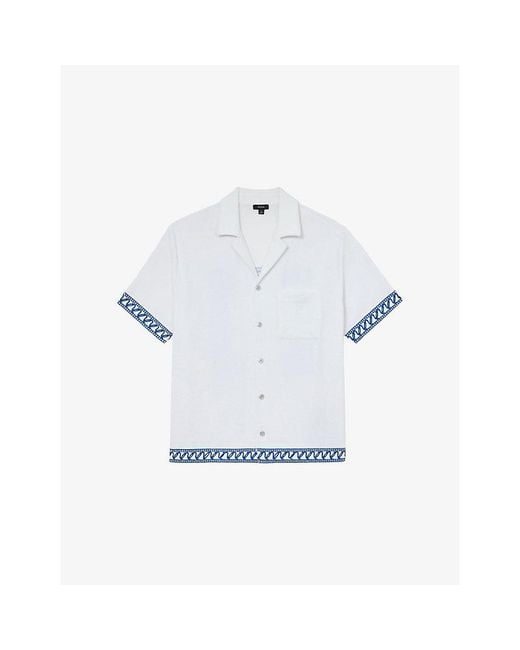 Reiss Blue Bleeker Embroidered-Trim Towelling Cotton-Blend Shirt for men