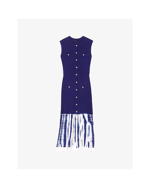 Maje Blue Tie-dye Pleated Knitted Midi Dress