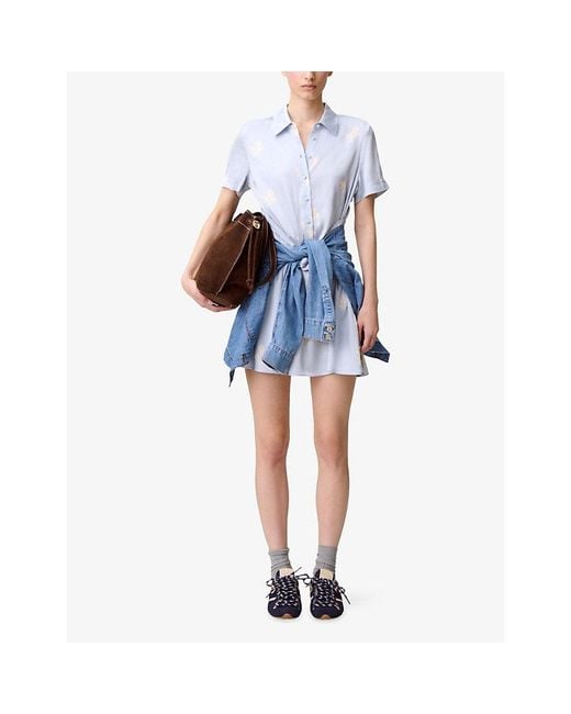Claudie Pierlot Blue Collared Floral-Print Satin Mini Dress
