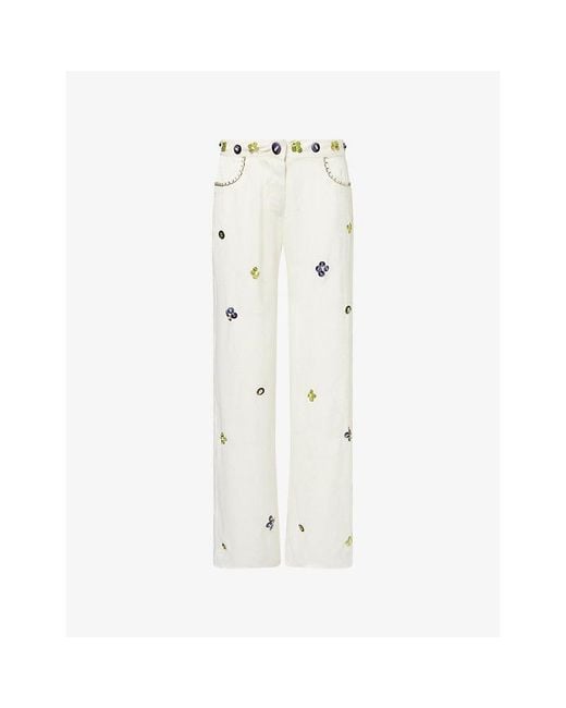 Siedres White Brity Bead-Embellished Satin Trousers