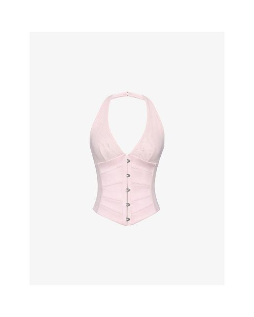 House Of Cb Pink Lia Halterneck Woven Corset Top
