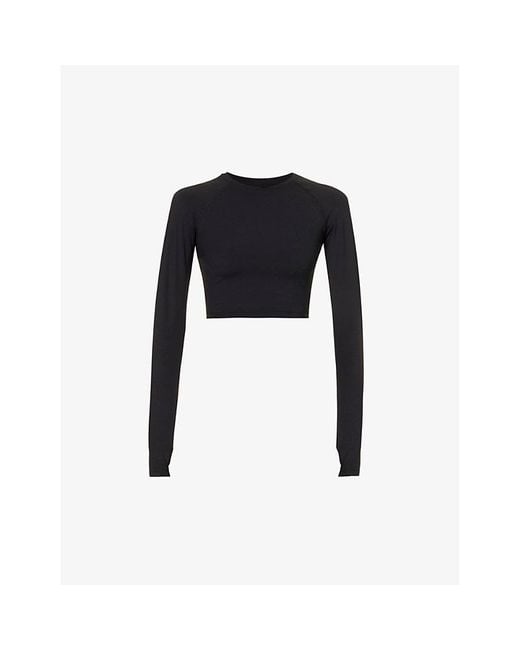 ADANOLA Black Fitted Long-Sleeved Cropped Stretch-Woven T-Shirt