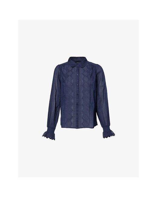 ME+EM Blue Broderie-Trim Regular-Fit Cotton-Voile Shirt