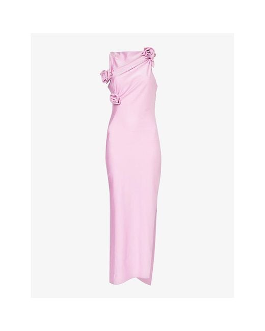 Coperni Pink Flower-embellished Asymmetric Stretch-woven Maxi Dress