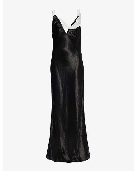 Bottega Veneta Black Draped V-neck Satin Maxi Dress
