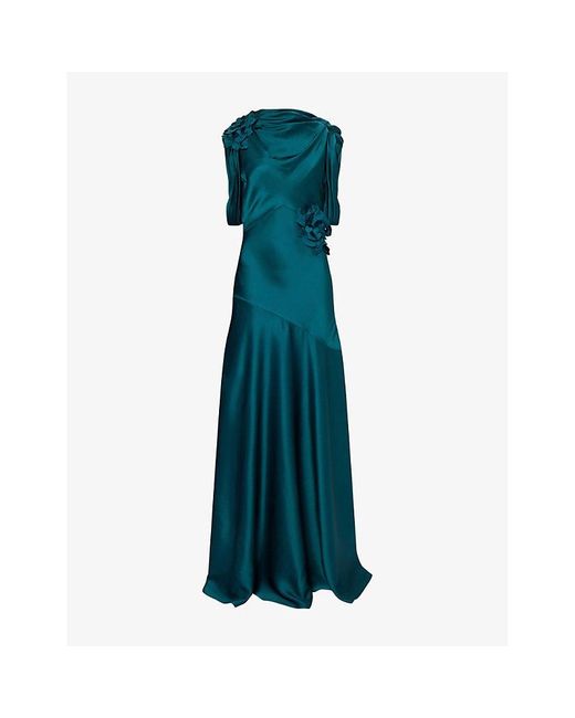 Erdem Green Floral-Embroidered Sleeveless Satin Gown