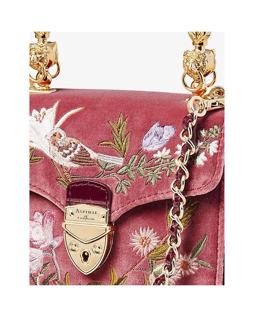 Aspinal Pink Mayfair Mini Bird-embellished Velvet Leather Shoulder Bag