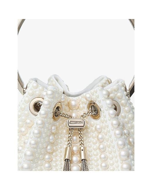Jimmy Choo White Bon Bon Pearl-Embellished Satin Top-Handle Bag