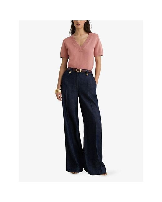 Reiss Pink Valerie V-Neck Cotton And Wool-Blend Knitted Top