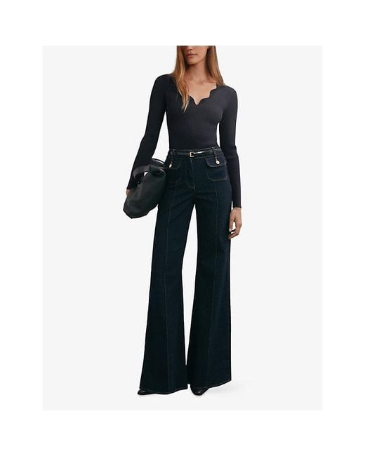 Reiss Blue Lara Crochet-Trim Knitted Top