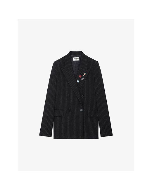 Zadig & Voltaire Black Valdo Customised-badge Pinstripe Stretch-woven Blazer