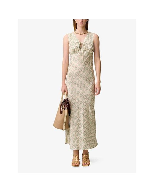 Claudie Pierlot White Tie-Neck Patterned Satin Midi Dress