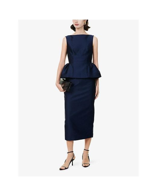 Roland Mouret Blue Boat-Neck Peplum Woven Midi Dress