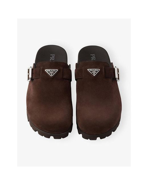 Prada Brown Logo-Plaque Suede Mules for men