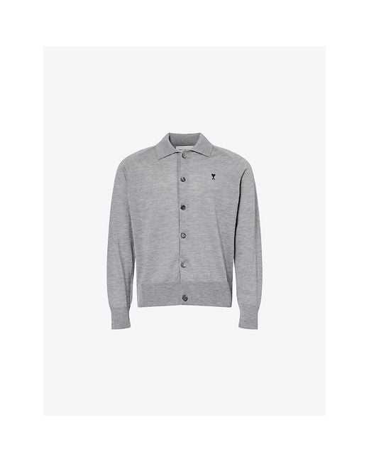 AMI Gray Contrast Ami De Coeur Wool Knit Cardigan Shirt for men
