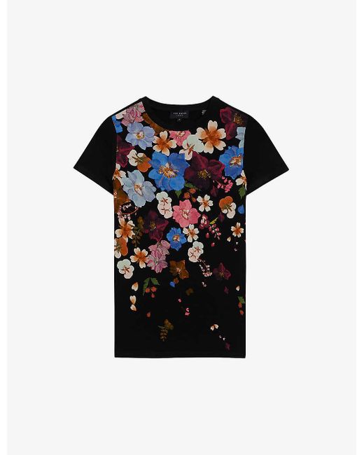 Ted Baker Black Bealaa Floral-print Slim-fit Stretch-jersey T-shirt