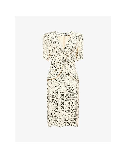 Alessandra Rich Natural Polka-Dot Ruched Silk Midi Dress