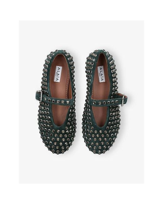 Alaïa Green Jewel-Embellished Suede Ballet Flats