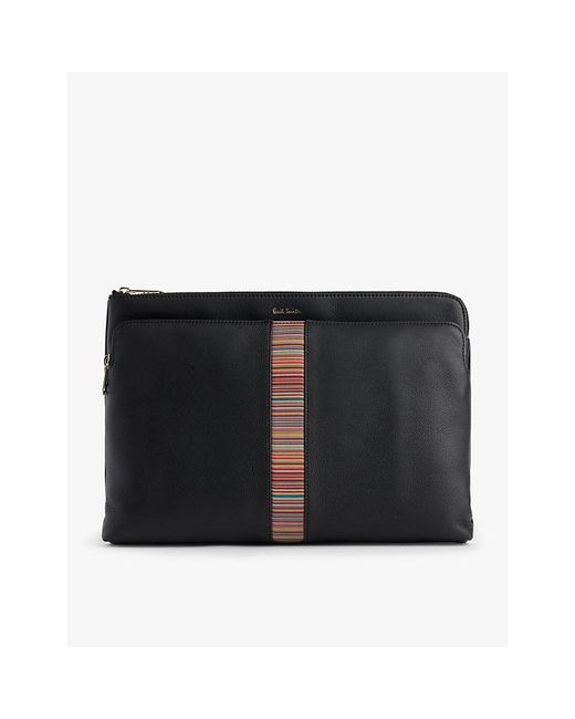 Paul Smith Black Striped-panel Zipped Leather Document Bag for men