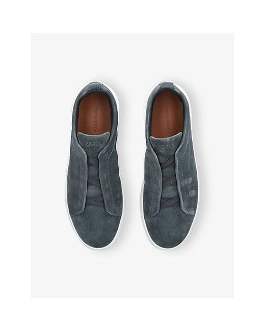 Zegna Blue Tripe-Stitch Suede Low-Top Trainers for men