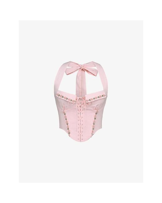 House Of Cb Pink Demi Floral-Embroidered Stretch-Cotton Corset Top