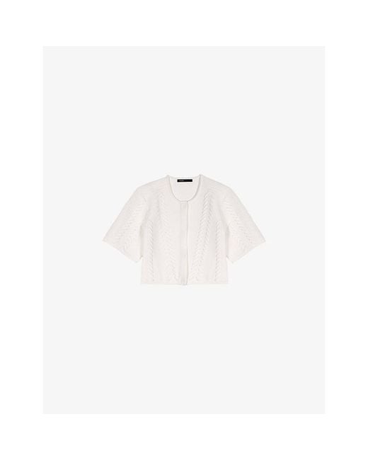 Maje White Cropped Round-Neck Short-Sleeve Knitted Cardigan