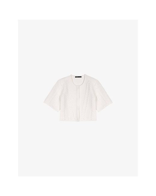 Maje White Cropped Round-Neck Short-Sleeve Knitted Cardigan