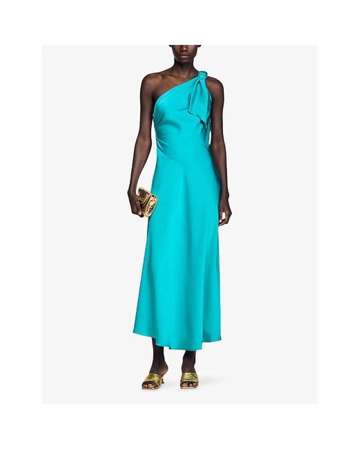 Sandro Blue One-Shoulder Sleeveless Satin Maxi Dress