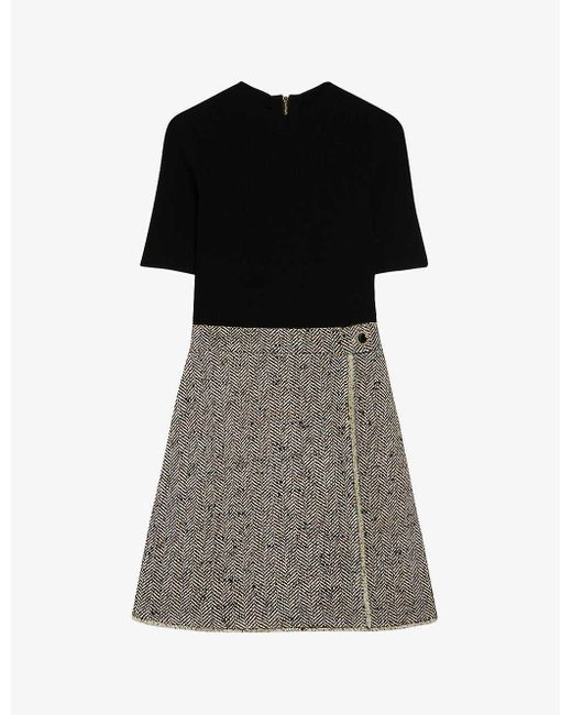 Ted Baker Black Feliod Tweed-skirt Short-sleeve Woven Mini Dress