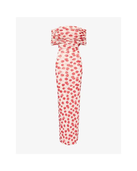 Stella McCartney Red Print Off-Shoulder Mesh Maxi Dress