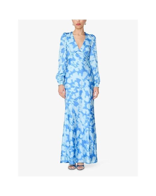 OMNES Blue Francoise V-Neck Floral-Print Satin Maxi Dress