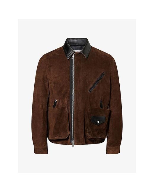Sacai Brown Contrast-Collar Suede Jacket for men