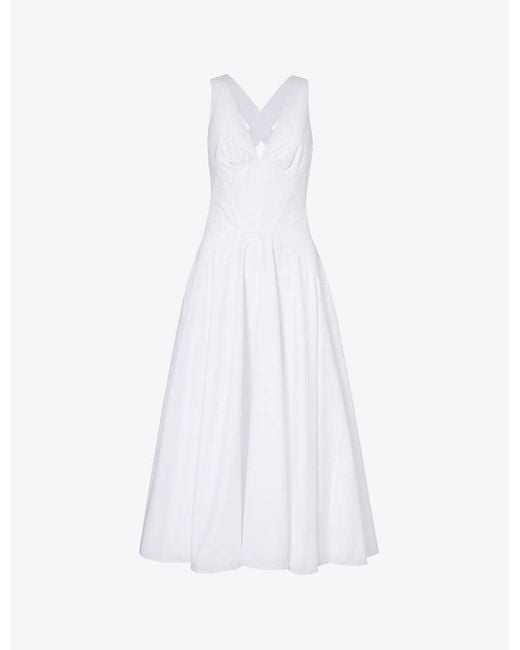 Alaïa White V-neck Striped-pattern Cotton Midi Dress