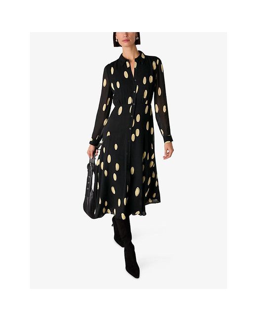 Whistles Black Polka-Dot Long-Sleeved Woven Midi Dress