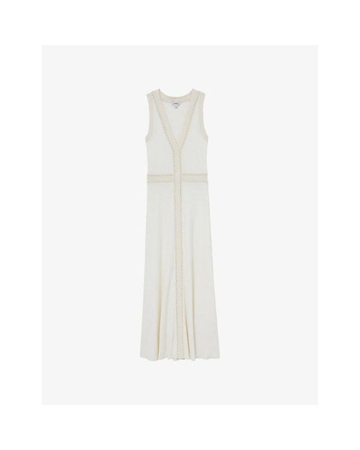 Reiss Women's White Lou Craft-Stitch Stretch-Woven Midi Dress