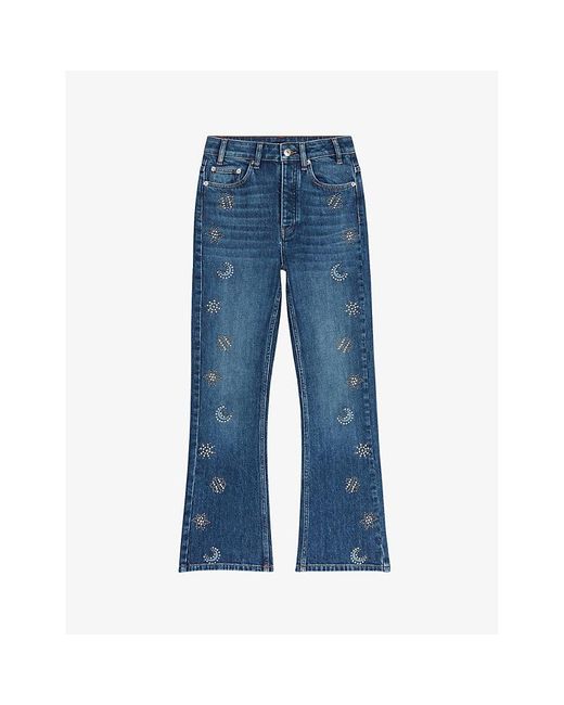 Maje Crystal-embellished Flared High-rise Stretch-denim Jeans in Blue | Lyst