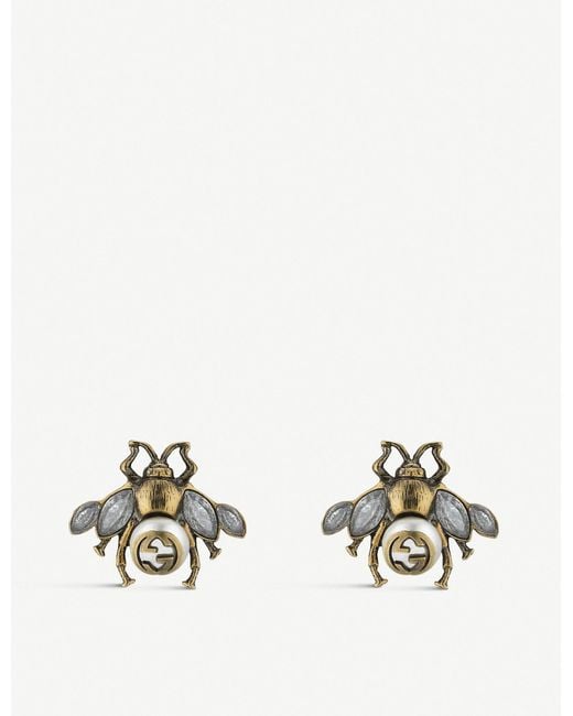 Gucci Metallic Bee Crystal And Pearl Embellished Earrings