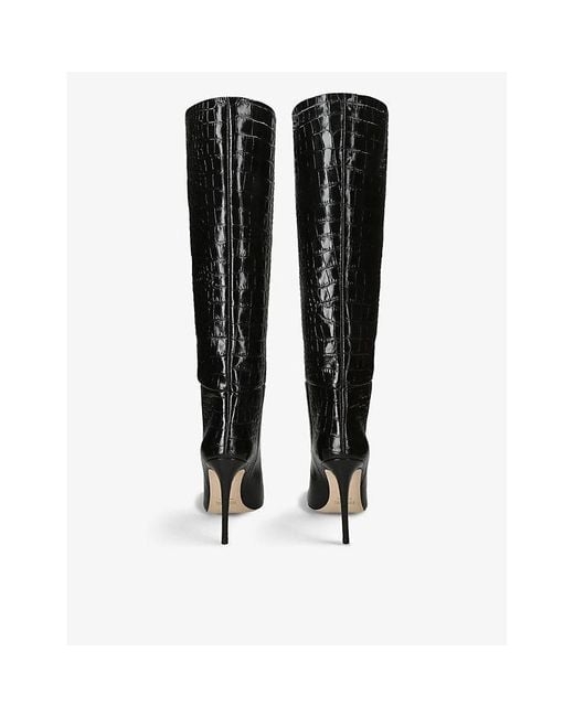 Paris Texas Black Pointed-Toe Croc-Embossed Leather Knee-High Boots