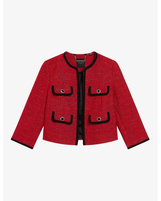 Ted Baker Red Olivan Open-front Textu Boucle Jacket