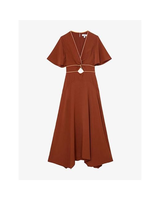 Reiss Brown Rosanna Cut-Out Short-Sleeve Woven Midi Dress