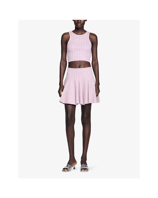 Sandro Pink Rhinestone-Embellished Knitted Mini Skirt