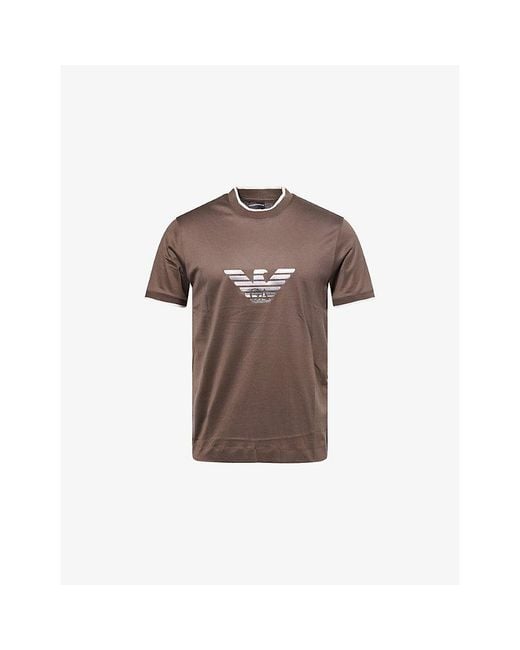 Emporio Armani Brown Eagle-Embroidery Short-Sleeves Woven T-Shirt for men