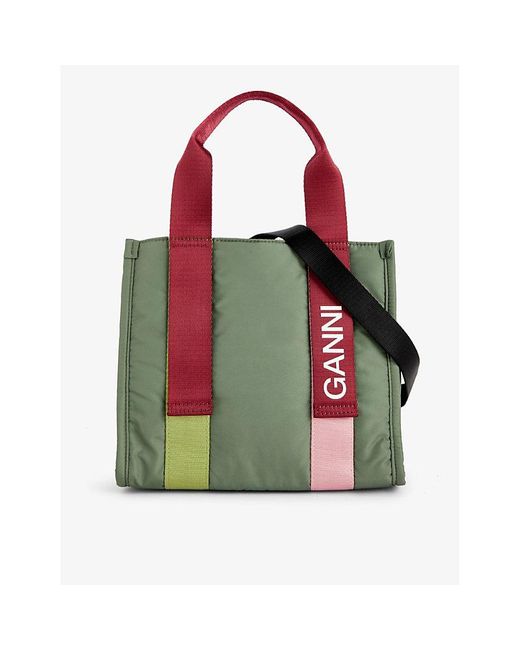Ganni Red Colour-block Small Recycled-polyester Tote Bag