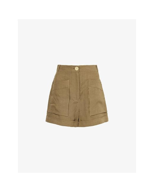 LeKasha Natural Patch-pocket High-rise Linen Shorts