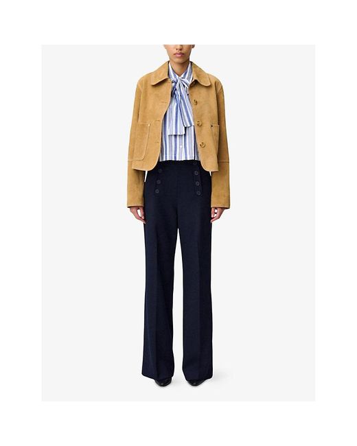 Claudie Pierlot Blue Flared Wide-Leg Mid-Rise Stretch-Woven Trousers