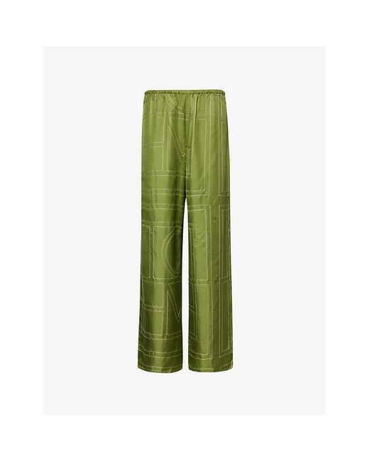 Totême  Green Wide-leg High-rise Silk-twill Trousers