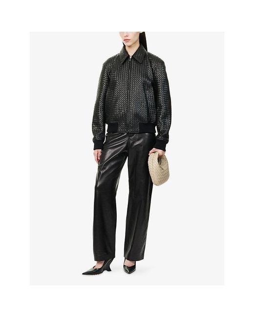 Bottega Veneta Black Intrecciato Leather Bomber Jacket