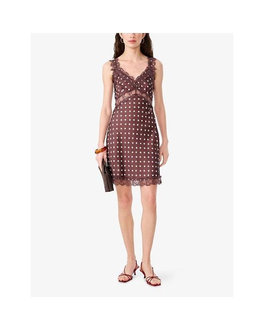 OMNES Brown Allie Star-Print Lace-Trim Satin Mini Dress