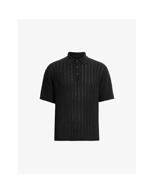 AllSaints Black Millar Ribbed Stretch-knit Polo Shirt X for men
